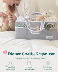 Lily Miles diaper caddy side pocket open shows eight-pocket layout for quick changes.