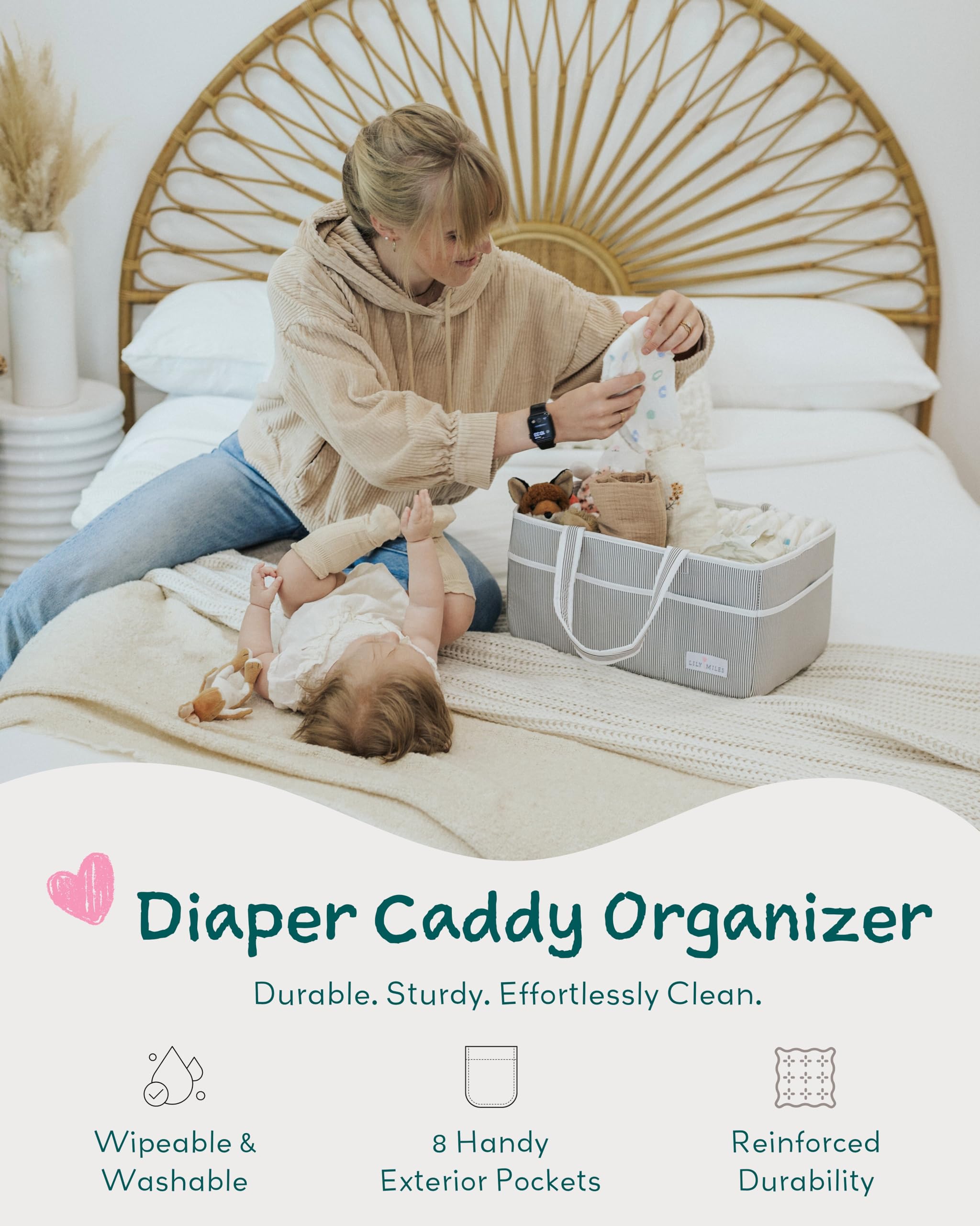 Lily Miles diaper caddy shows large 15x10x7 dimensions for newborn essentials