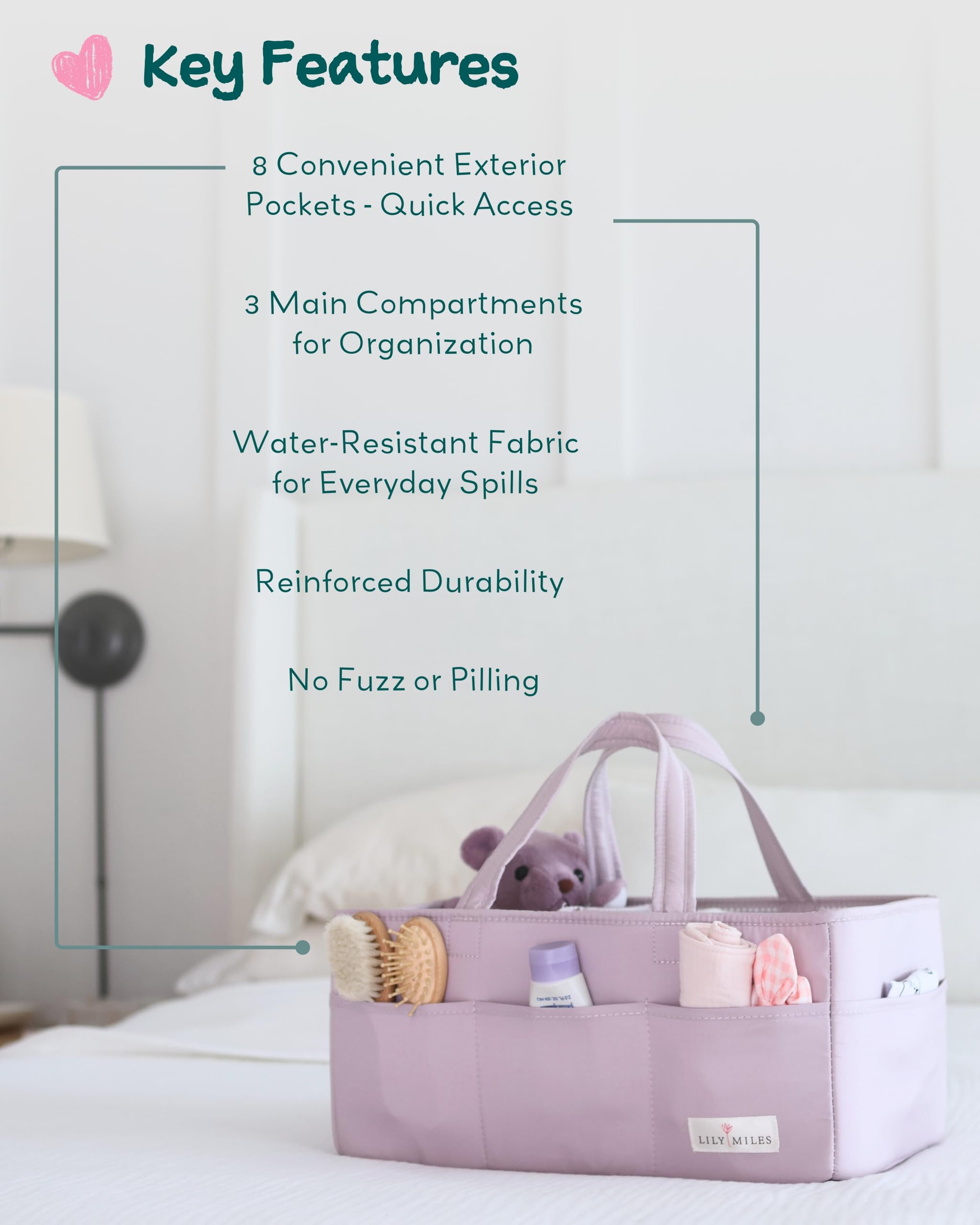 Lily Miles caddy with structured sides helps stay organized on the changing table.