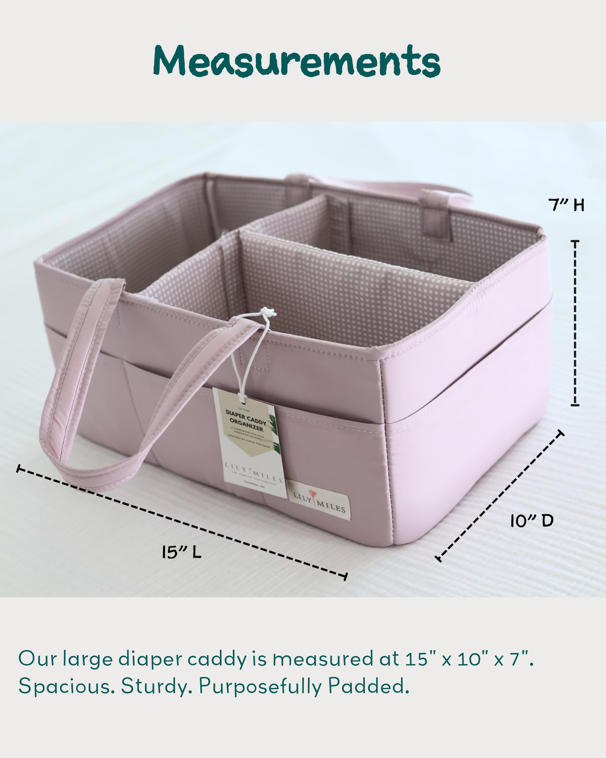 Lily Miles diaper organizer with sturdy handles for home and car use.