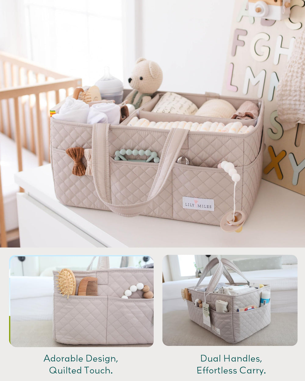 Lily Miles diaper caddy with travel handles for easy portability on the go.