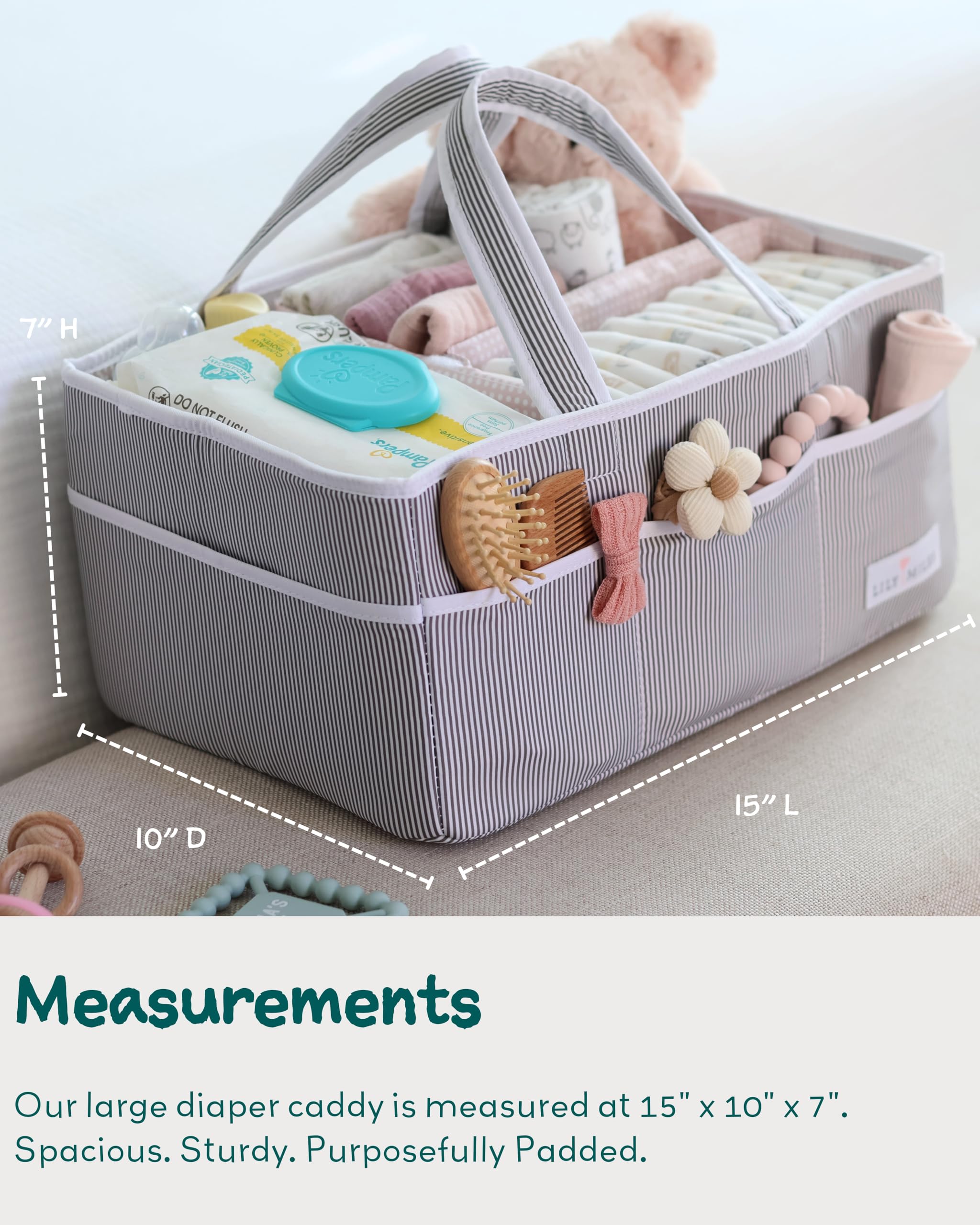 Lily Miles diaper caddy water-resistant lining enables easy wipe-clean durability.