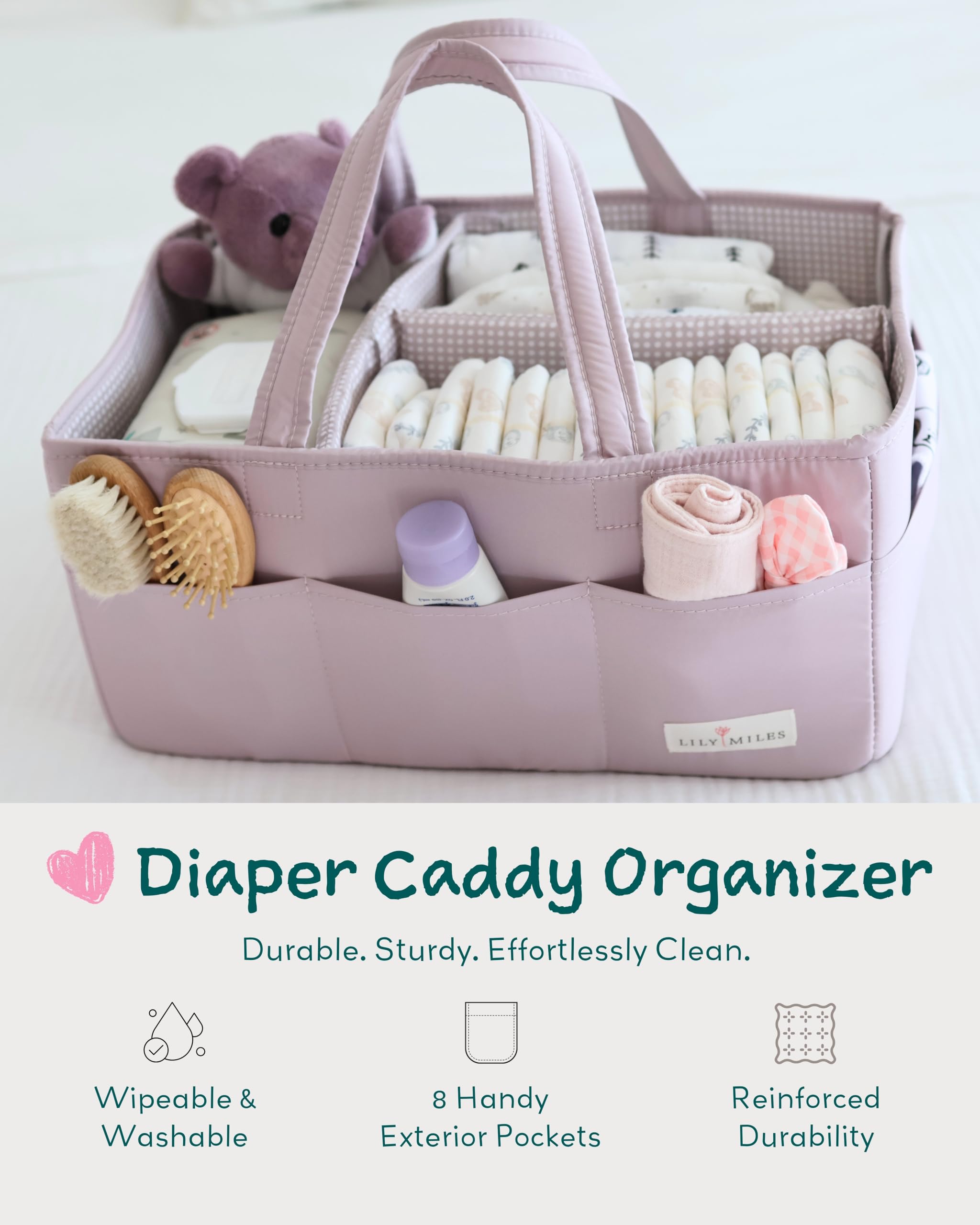 Lily Miles wipeable fabric keeps the diaper caddy clean during busy days.