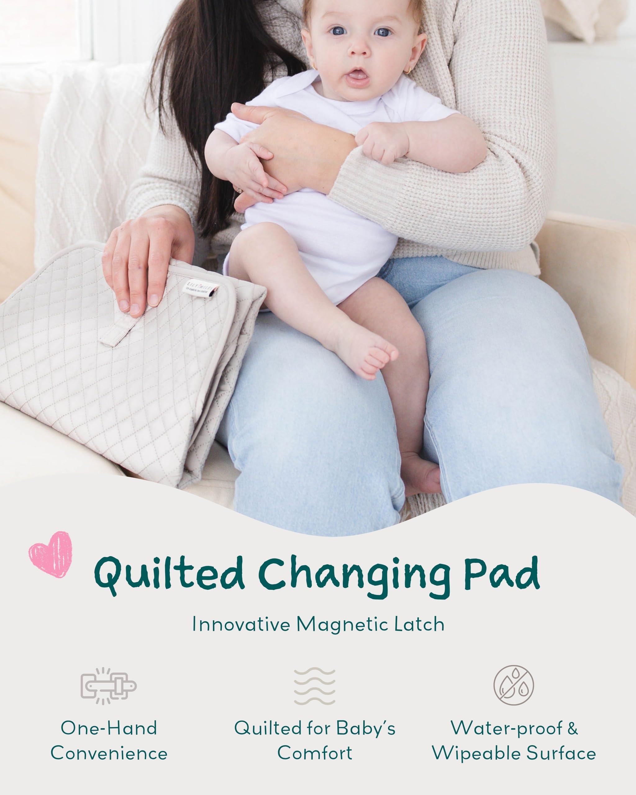 Lily Miles diaper changing pad with magnetic latches enabling effortless one-handed setup
