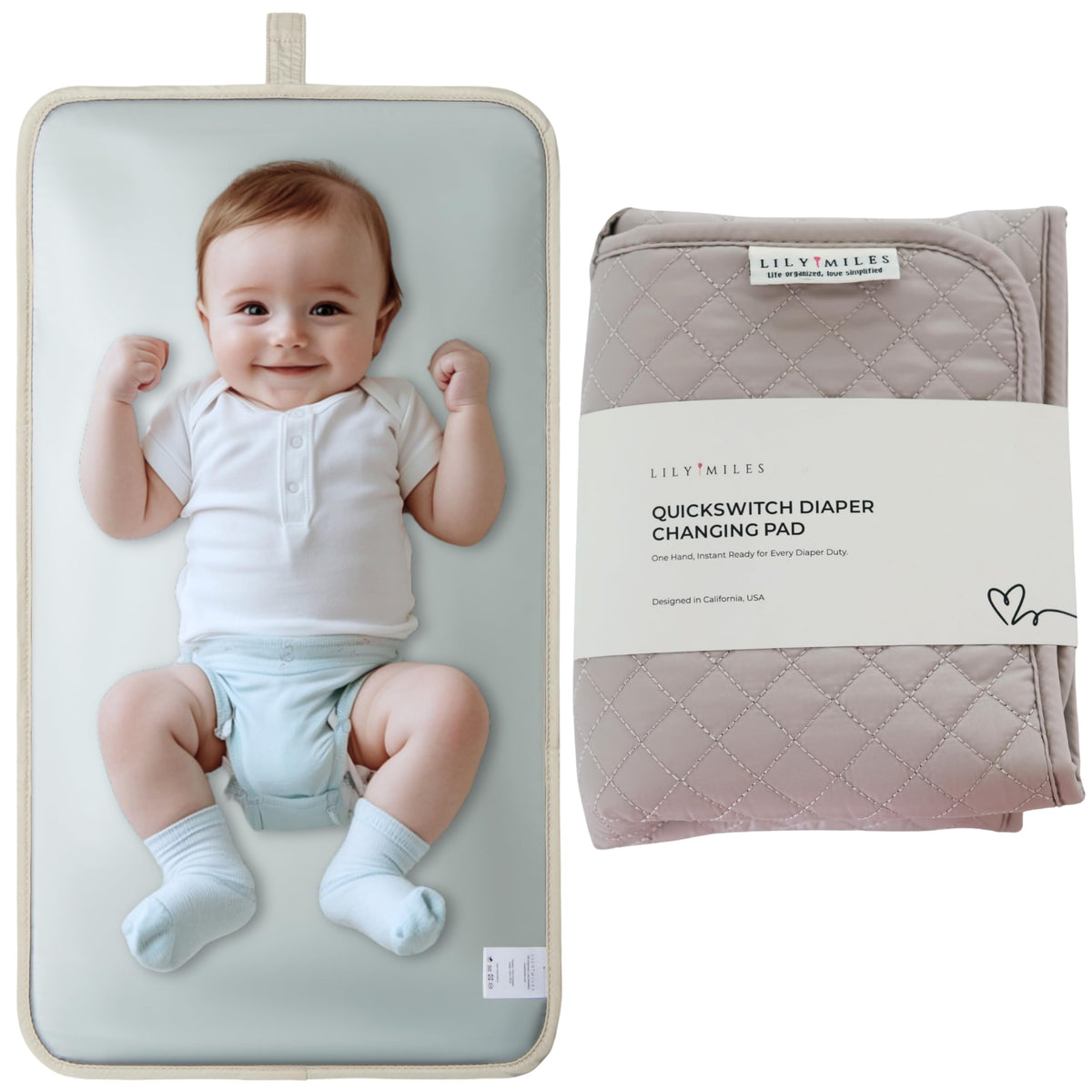 Lily Miles diaper changing pad in soft sand for compact travel convenience