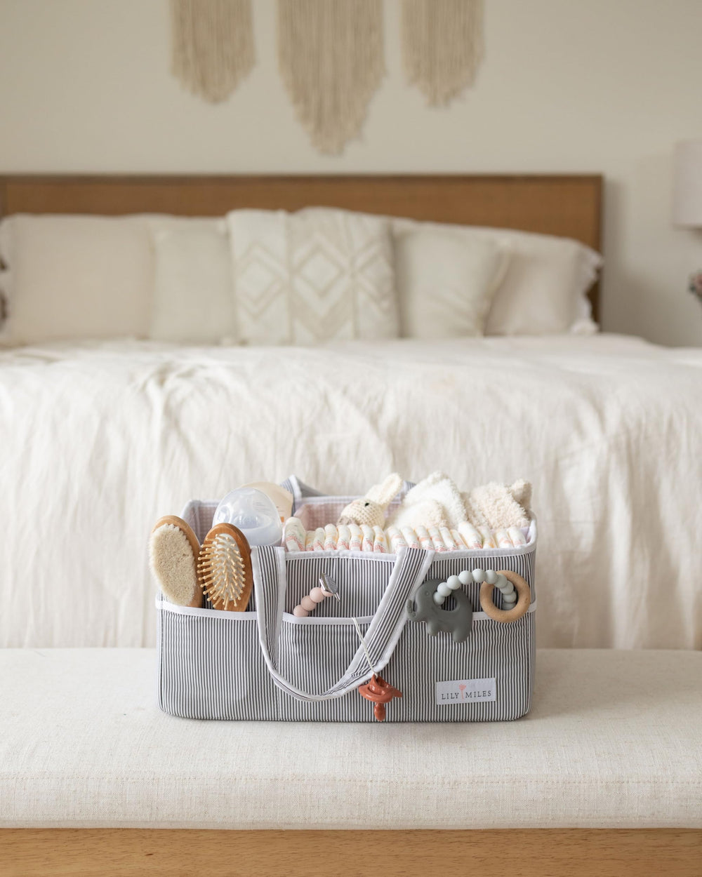 Lily Miles nursery organization with the caddy on changing table, sofa, or cart.