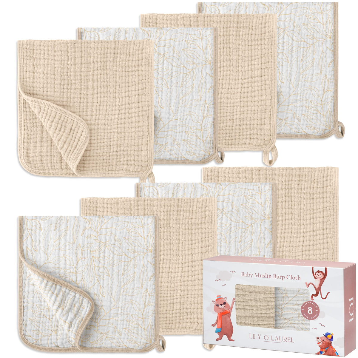 LILY O LAUREL burp cloths stacked showing six soft muslin layers for absorbent protection.