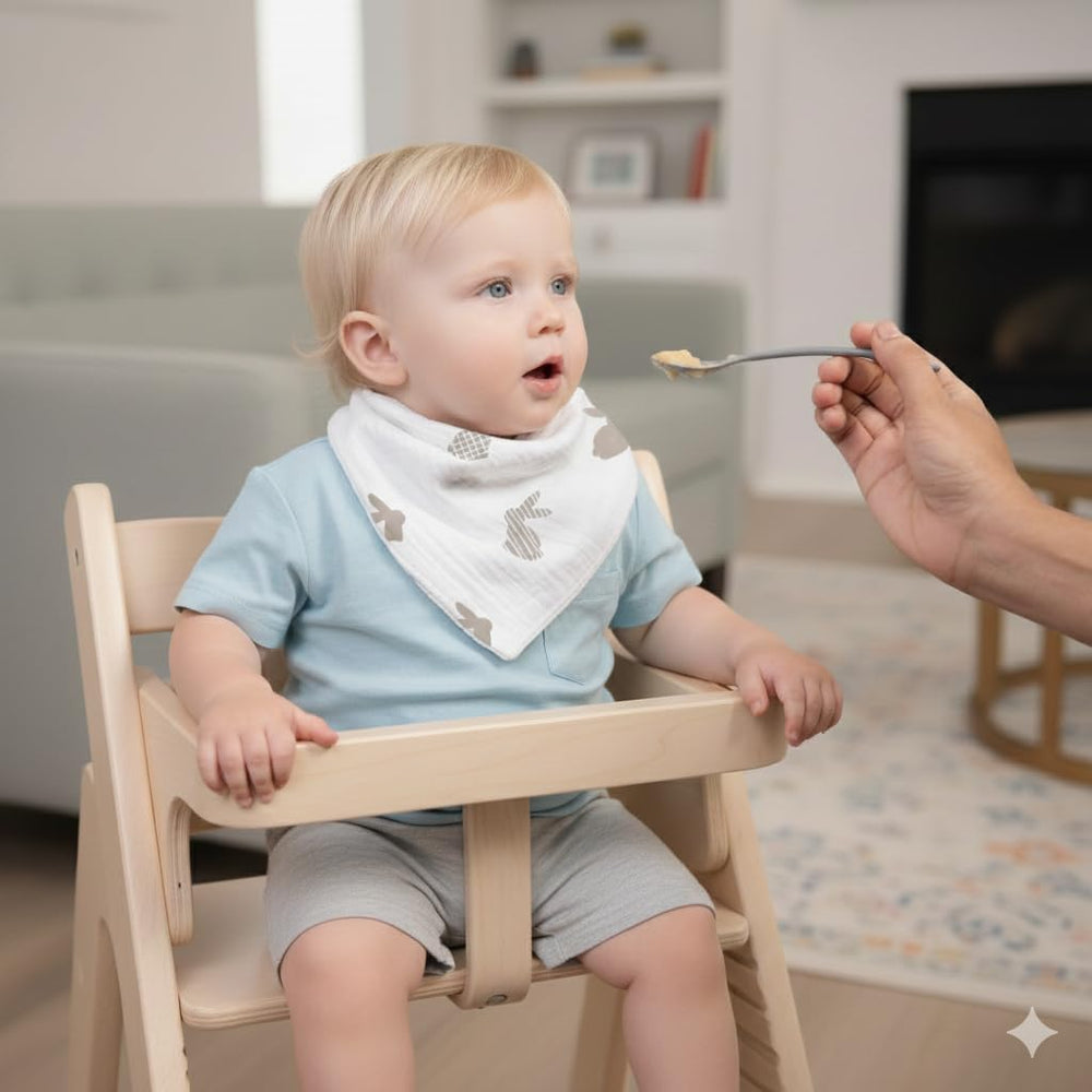 LILY O LAUREL baby wearing bib shows gender-neutral design for boys and girls