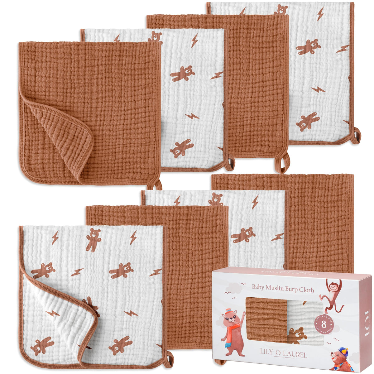 LILY O LAUREL muslin burp cloths pack eight neatly folded offering soft protection during feeding