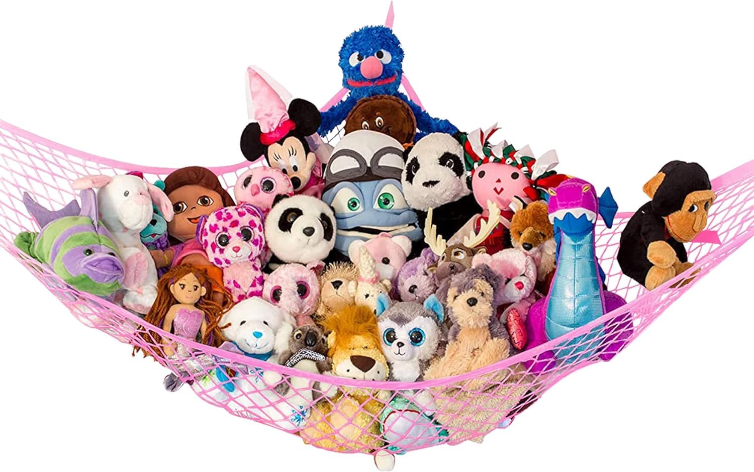 Lilly's Love large stuffed animal hammock installed in a corner for organized storage.
