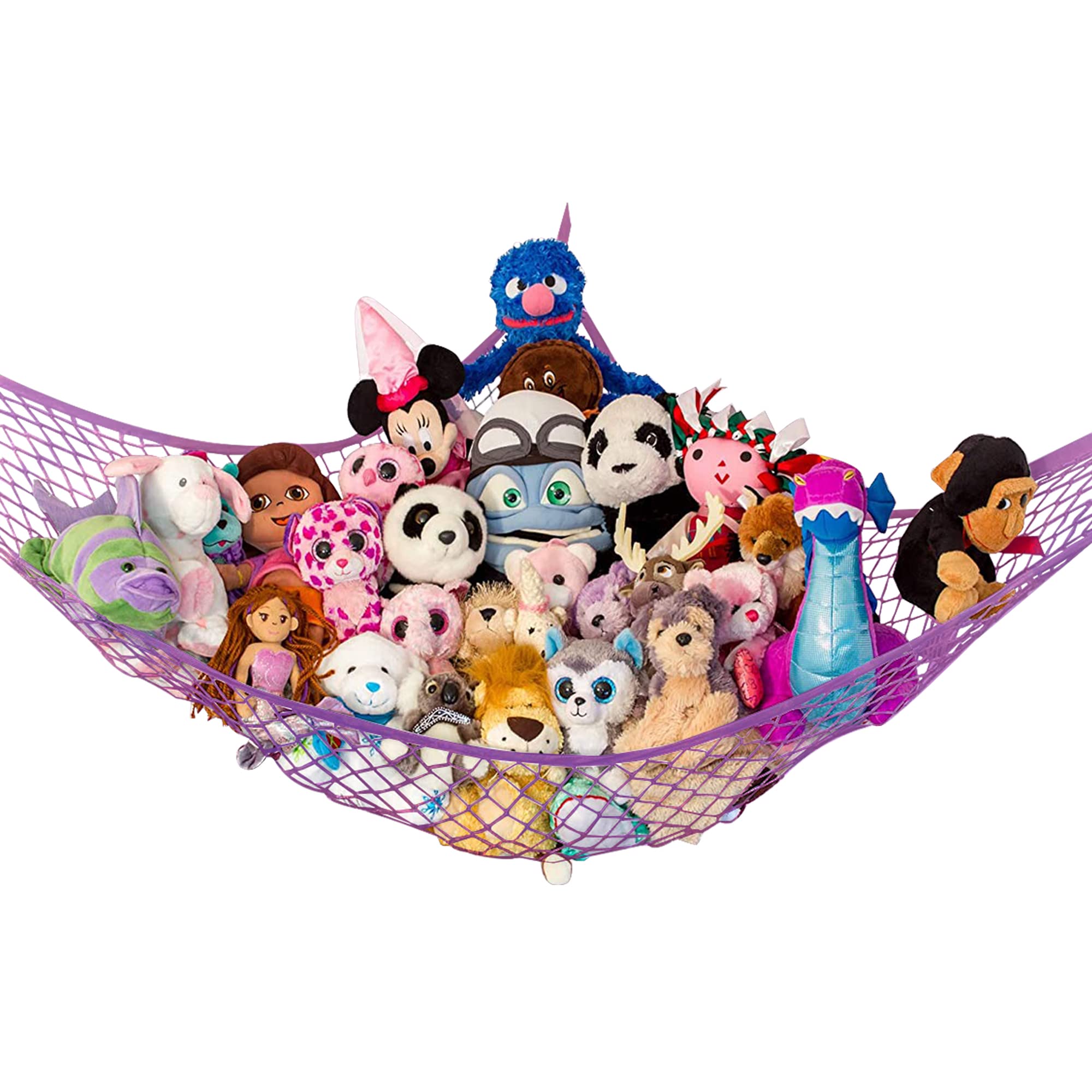 Lilly's Love stuffed animal hammock corner hanger shows space-saving toy storage in purple