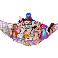 Lilly's Love stuffed animal hammock corner hanger shows space-saving toy storage in purple