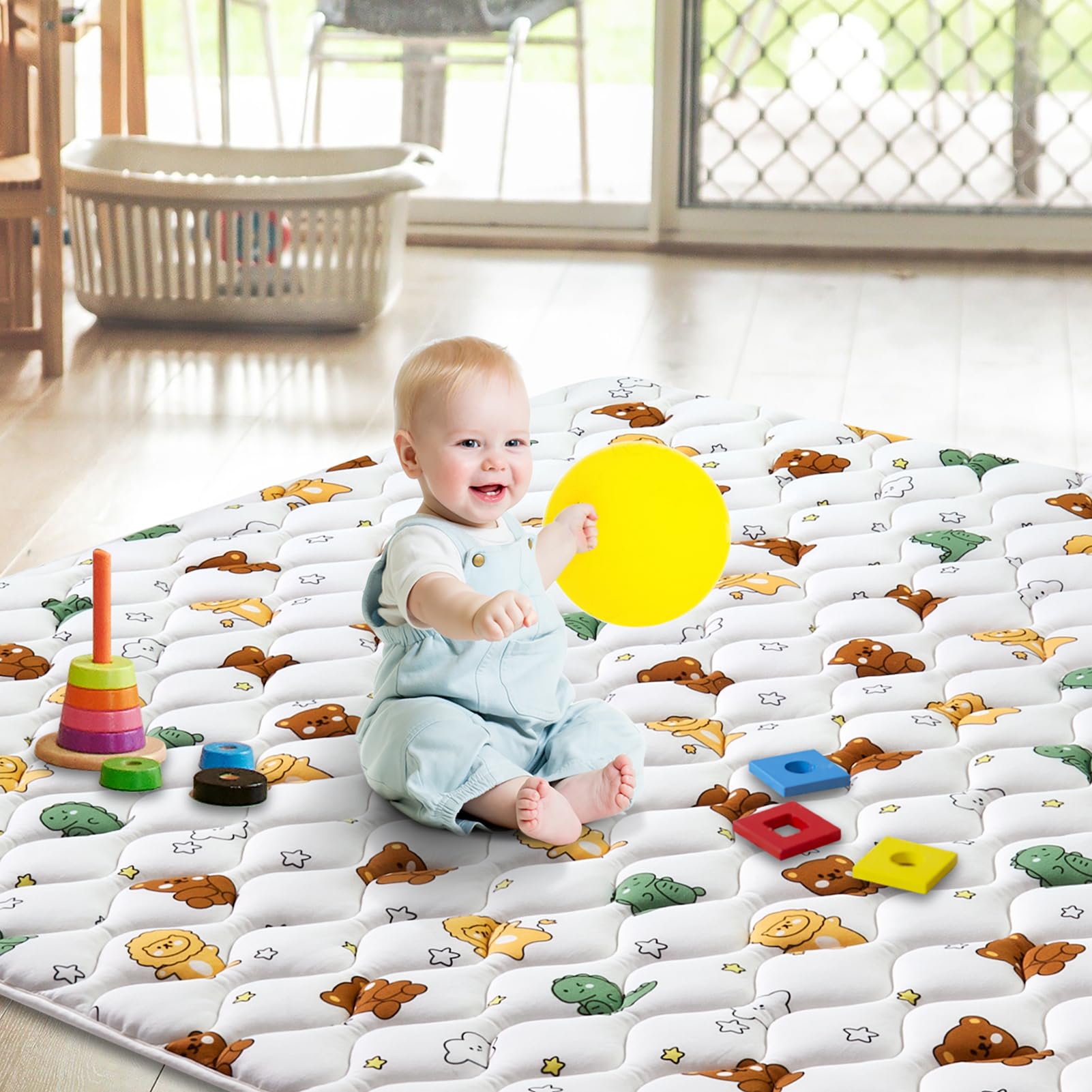 LILYVIBEBEARHAPPY living-room setup with mat on hardwood floor for versatile play.