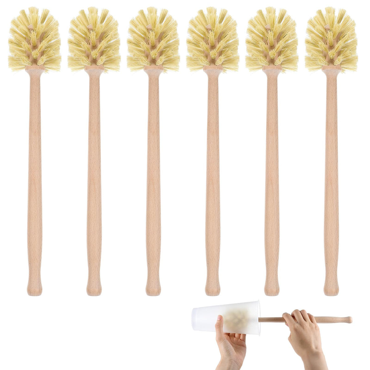 Limbeuuu 6-pack natural wood scrub brushes with long handles for bottle cleaning in tight spaces.