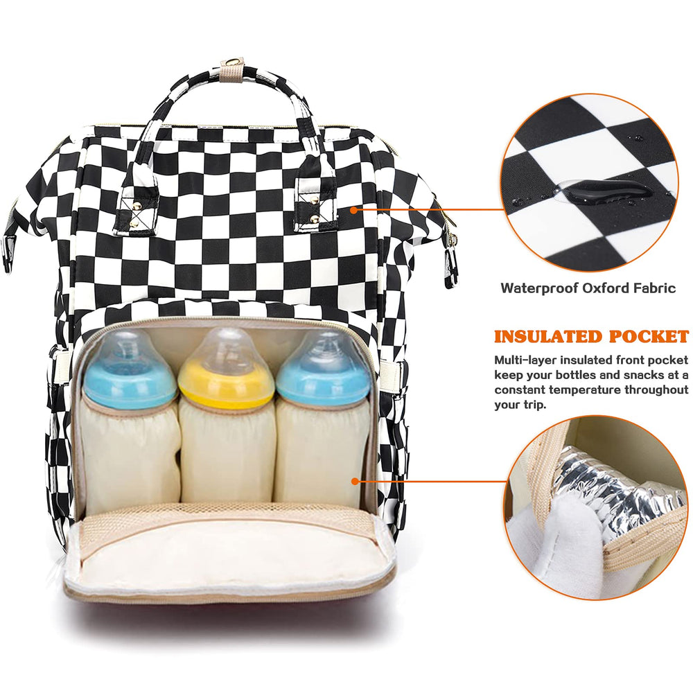 LIMHOO diaper bag checkered back view demonstrates stroller straps for hands-free parenting