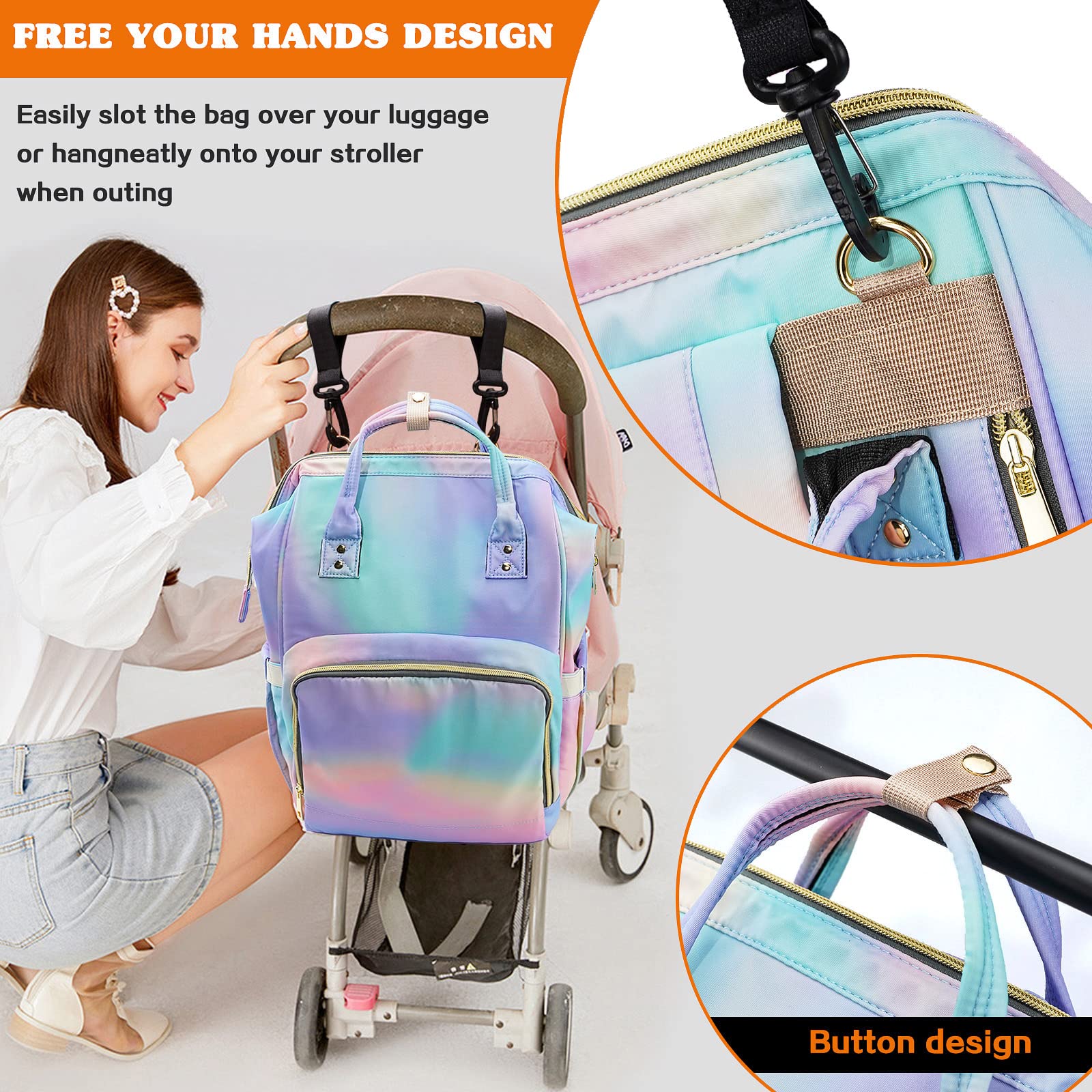 LIMHOO rainbow diaper bag insulated pocket keeps bottles ready.