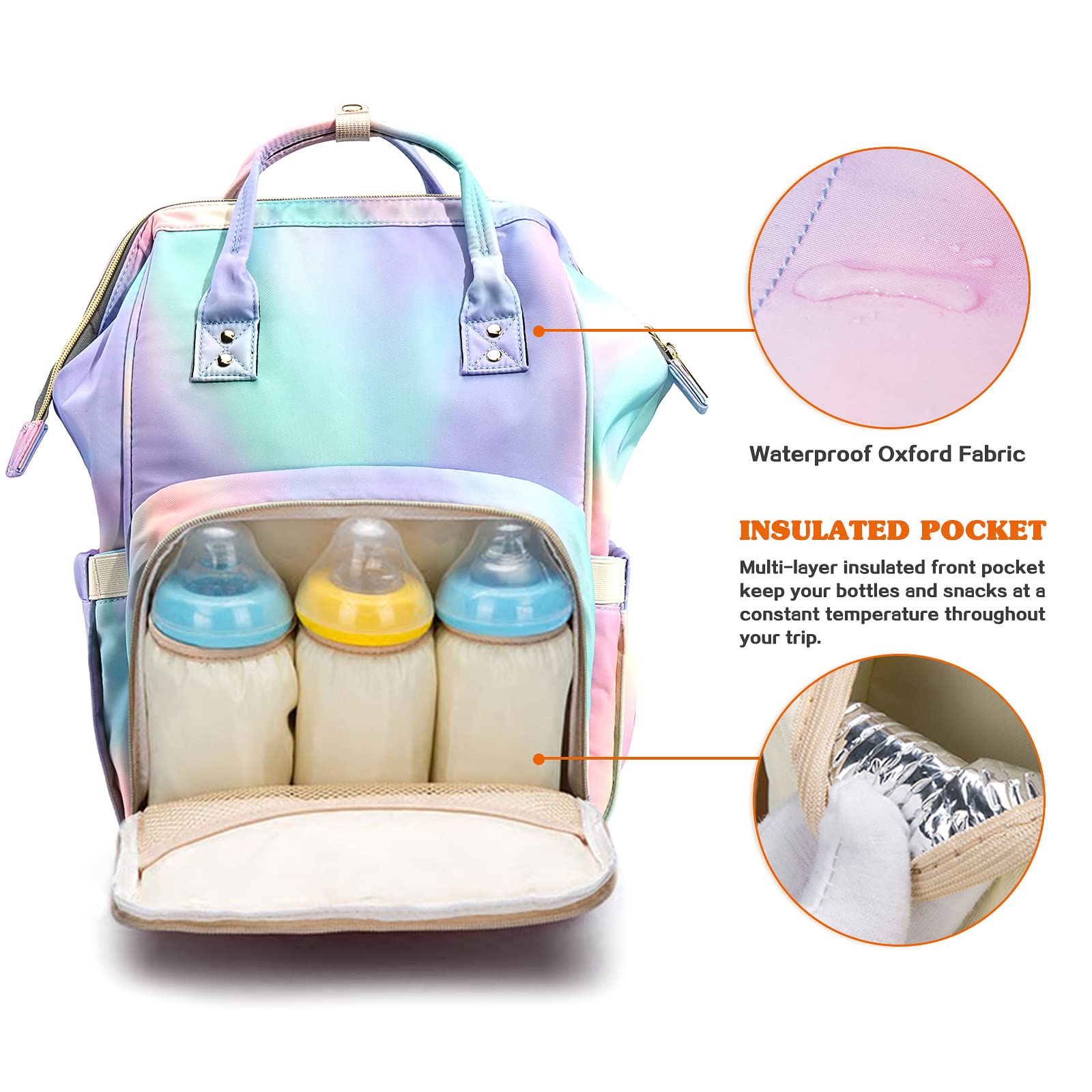 LIMHOO rainbow diaper bag highlights waterproof oxford that's soft and easy to wipe.