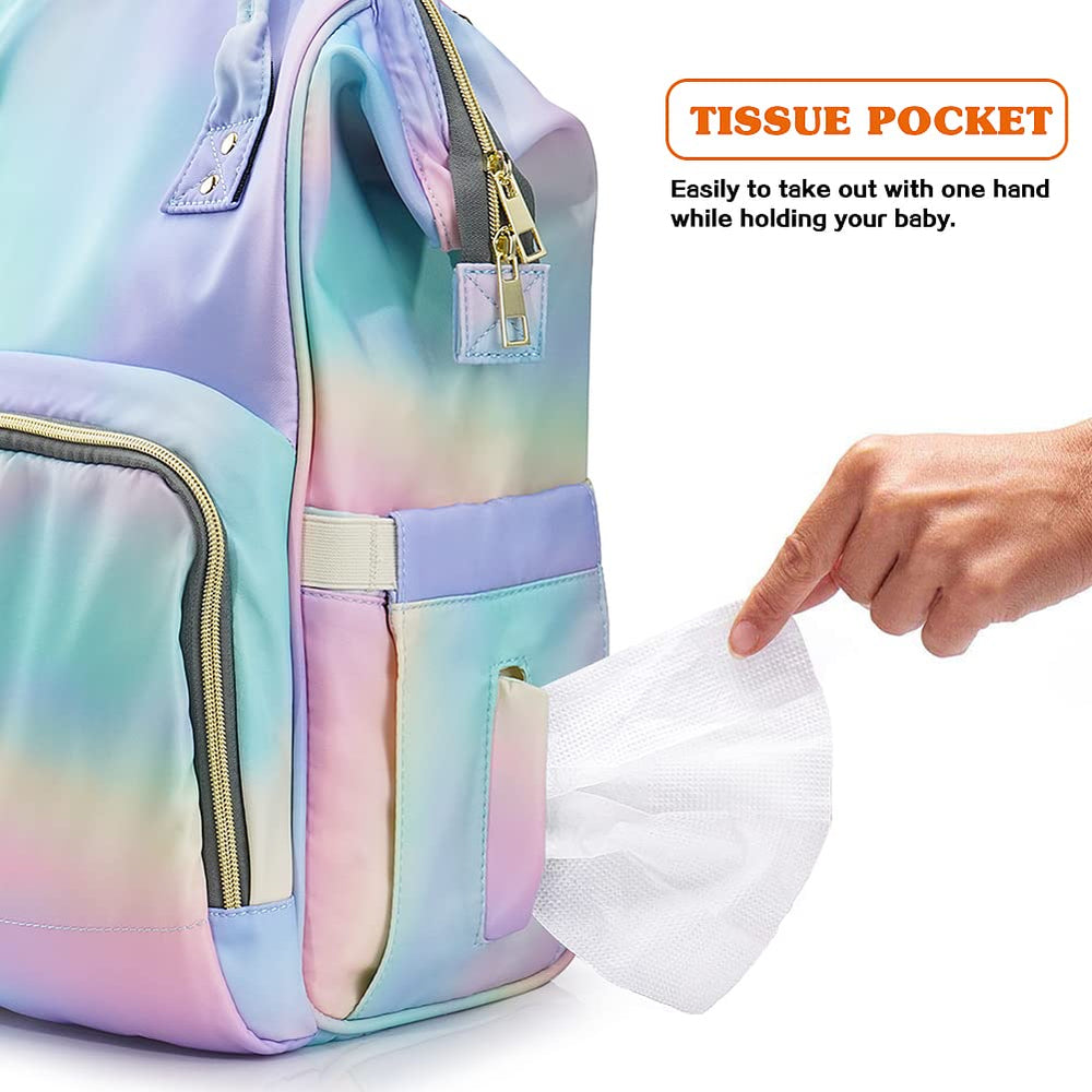 LIMHOO rainbow diaper bag features multiple pockets for organized storage.