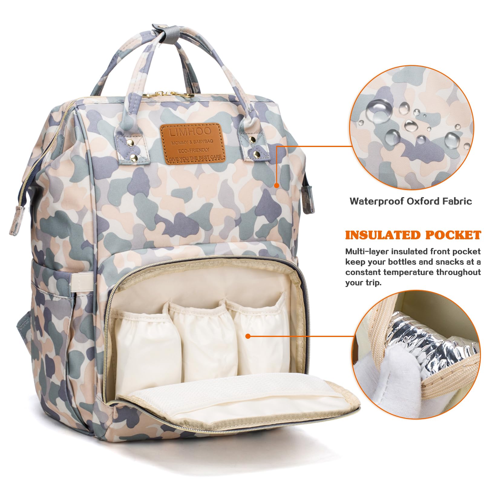 LIMHOO Diaper Bag Backpack side pocket highlights accessible bottles and snacks