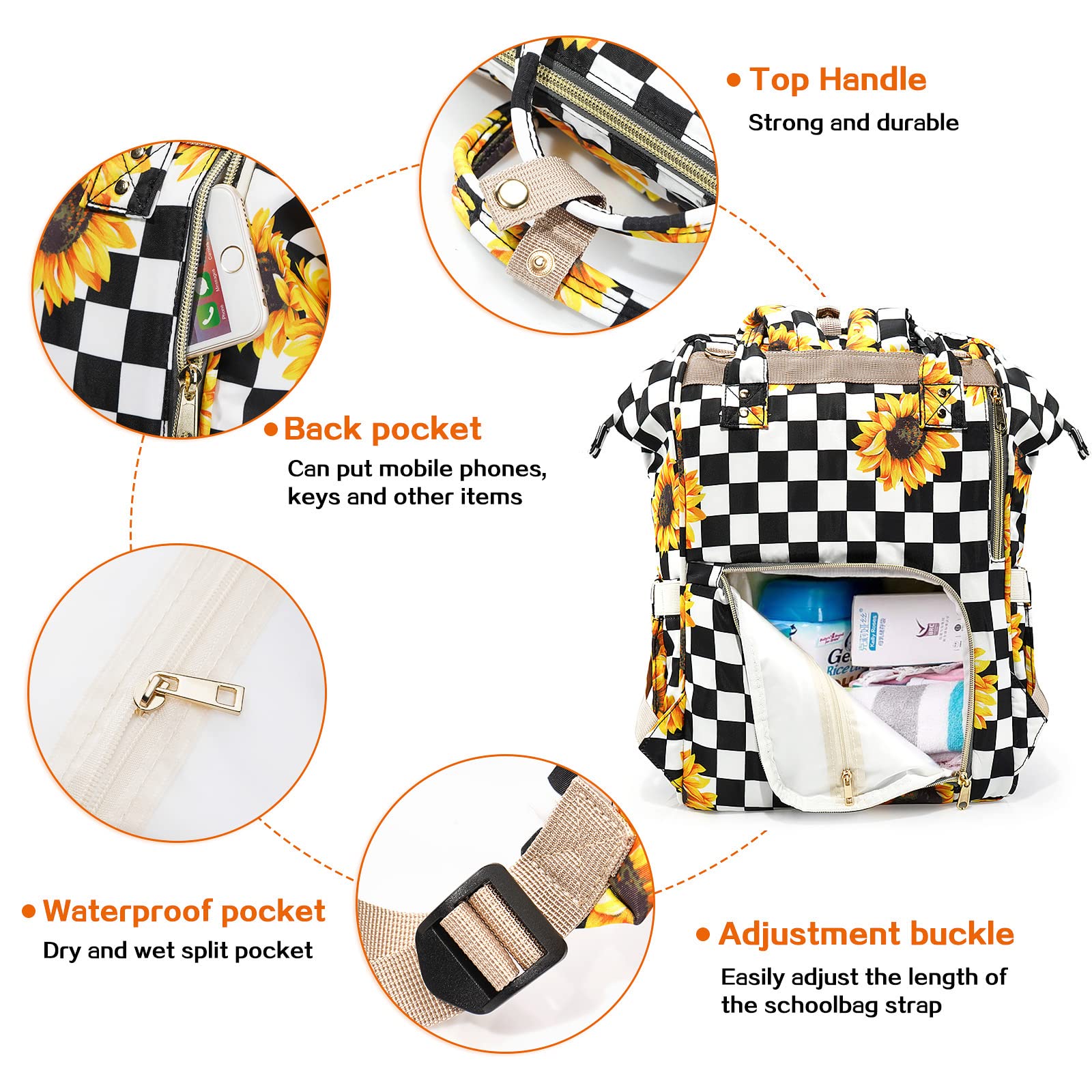 LIMHOO diaper bag backpack sunflowers back panel with ergonomic support for comfortable carry