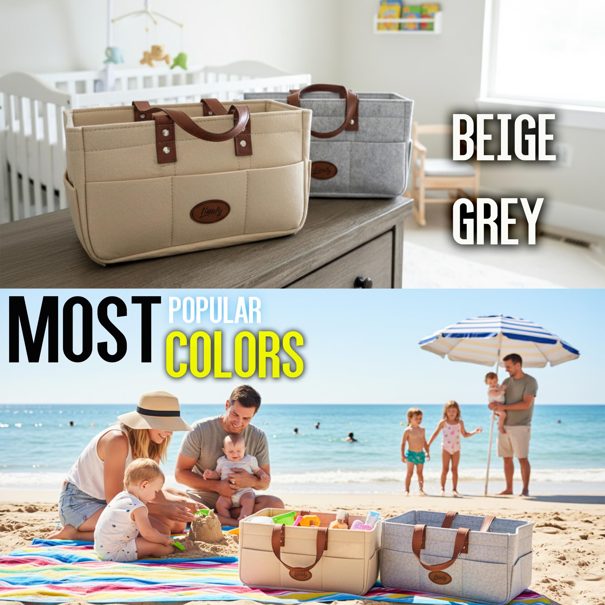 Linaly caddy's minimalist grey design complements nursery decor while keeping items accessible.