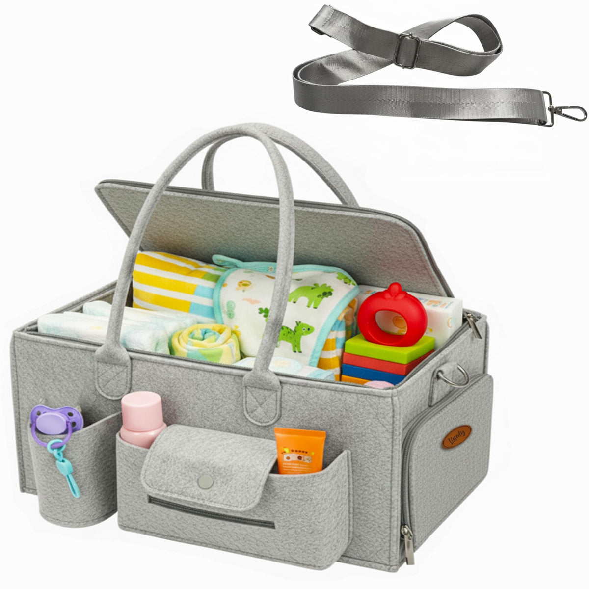 Linaly felt diaper caddy with lid keeps nursery essentials organized.