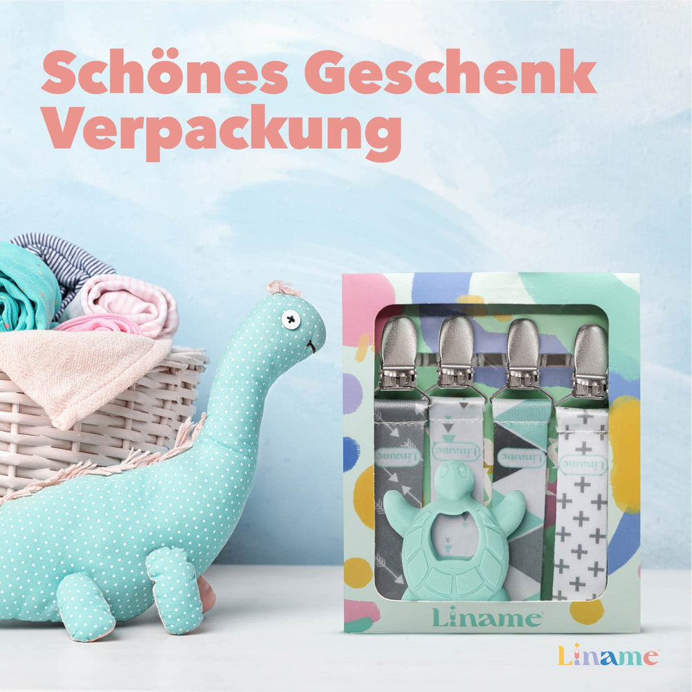 Liname pacifier clip attached to baby blanket for quick access.