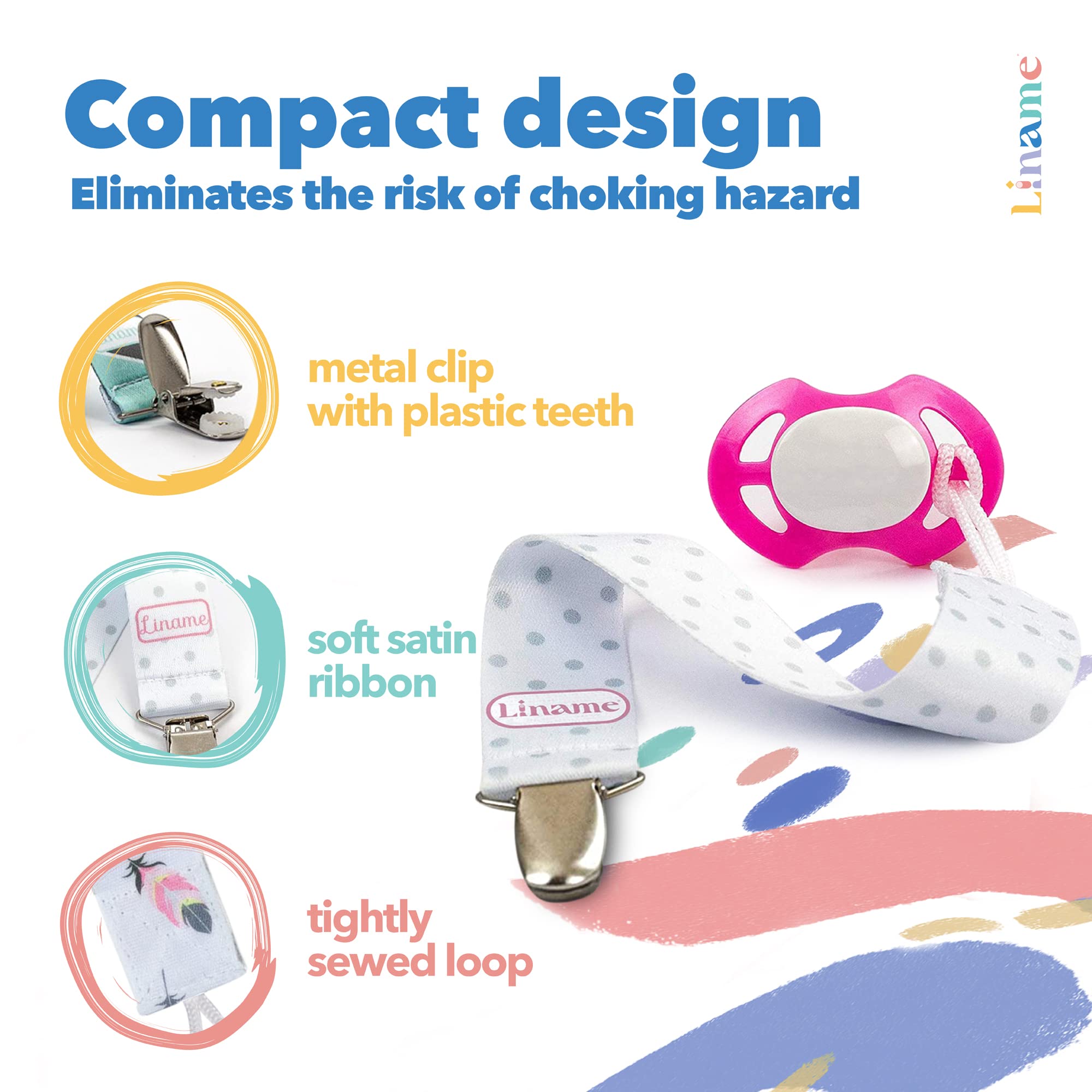 Liname pacifier clip pink on baby binky shows reliable hold