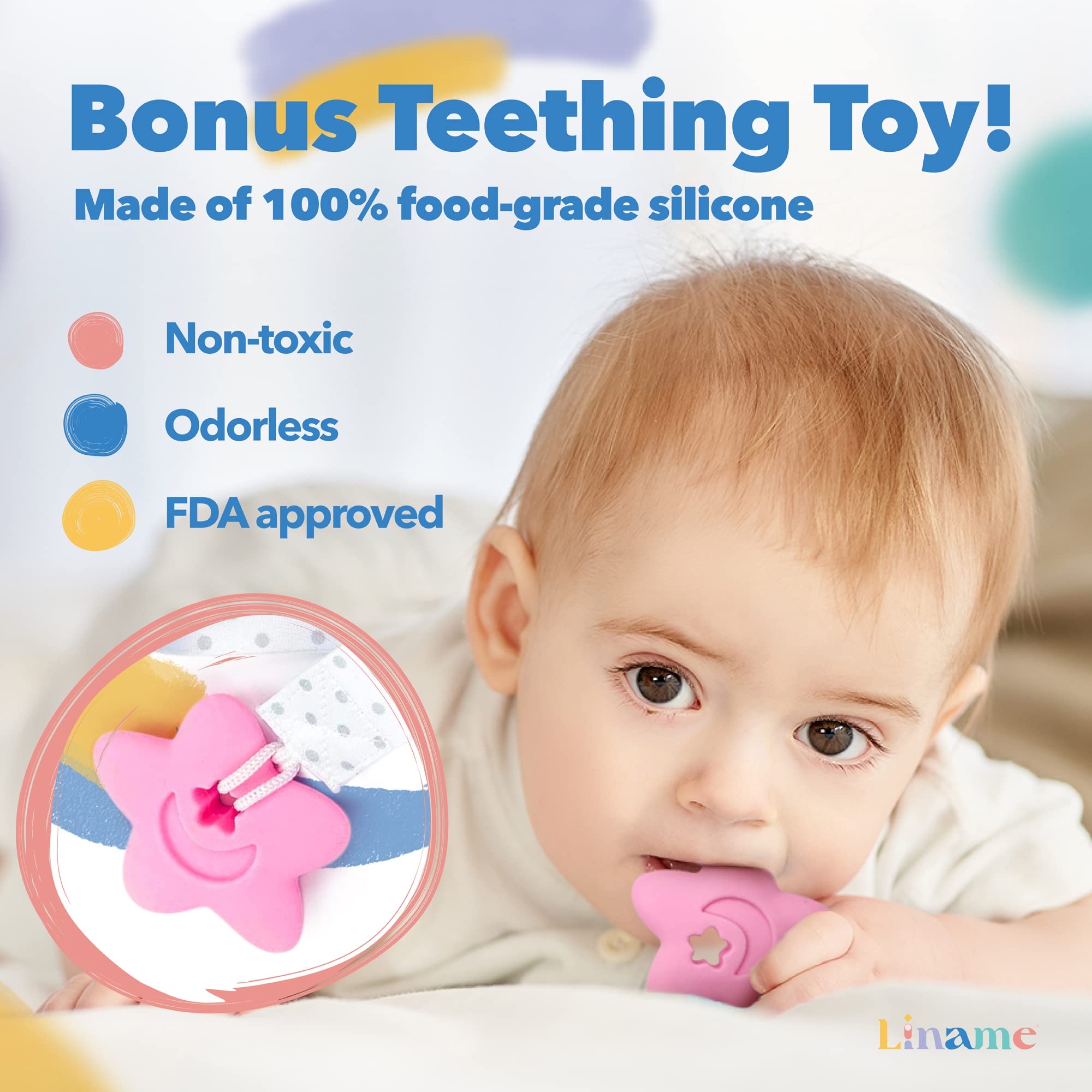 Liname pacifier clip pink on stroller demonstrates portable use