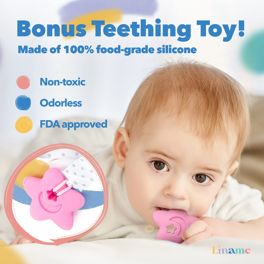 Liname pacifier clip pink on stroller demonstrates portable use