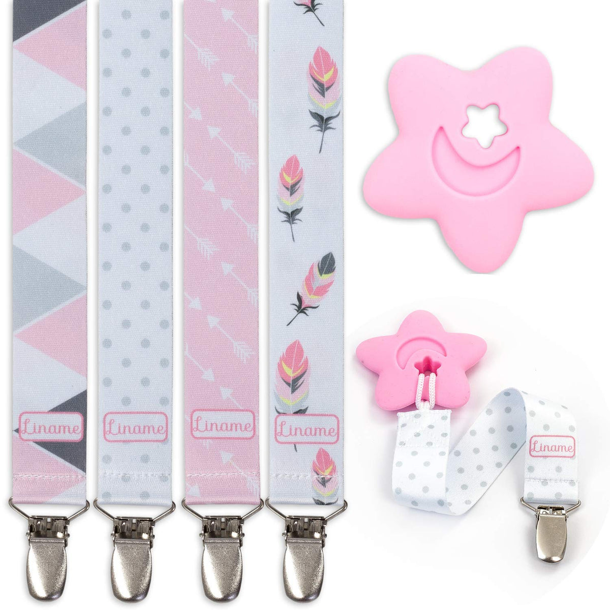 Liname pacifier clip pink packaging highlights gift-ready safety