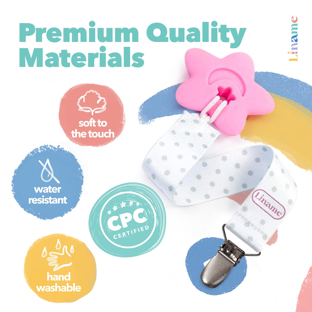 Liname pacifier clip pink soft-material emphasizes gentle touch