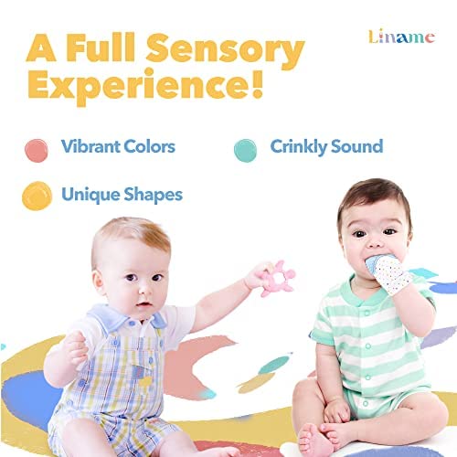 Liname teething mitten crinkle toy highlights engaging crinkle sound for baby play.