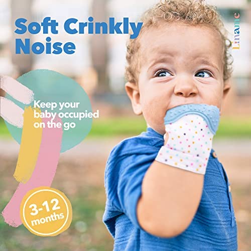 Liname teething mitten textured silicone shows textured surface for chewing relief.