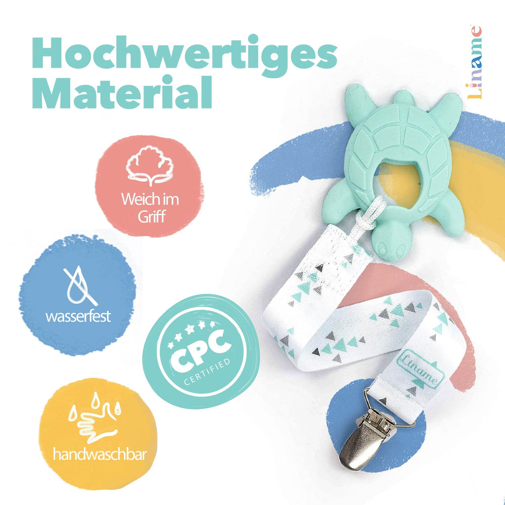 Liname teething toy chew surface demonstrates safe, chew-friendly material.