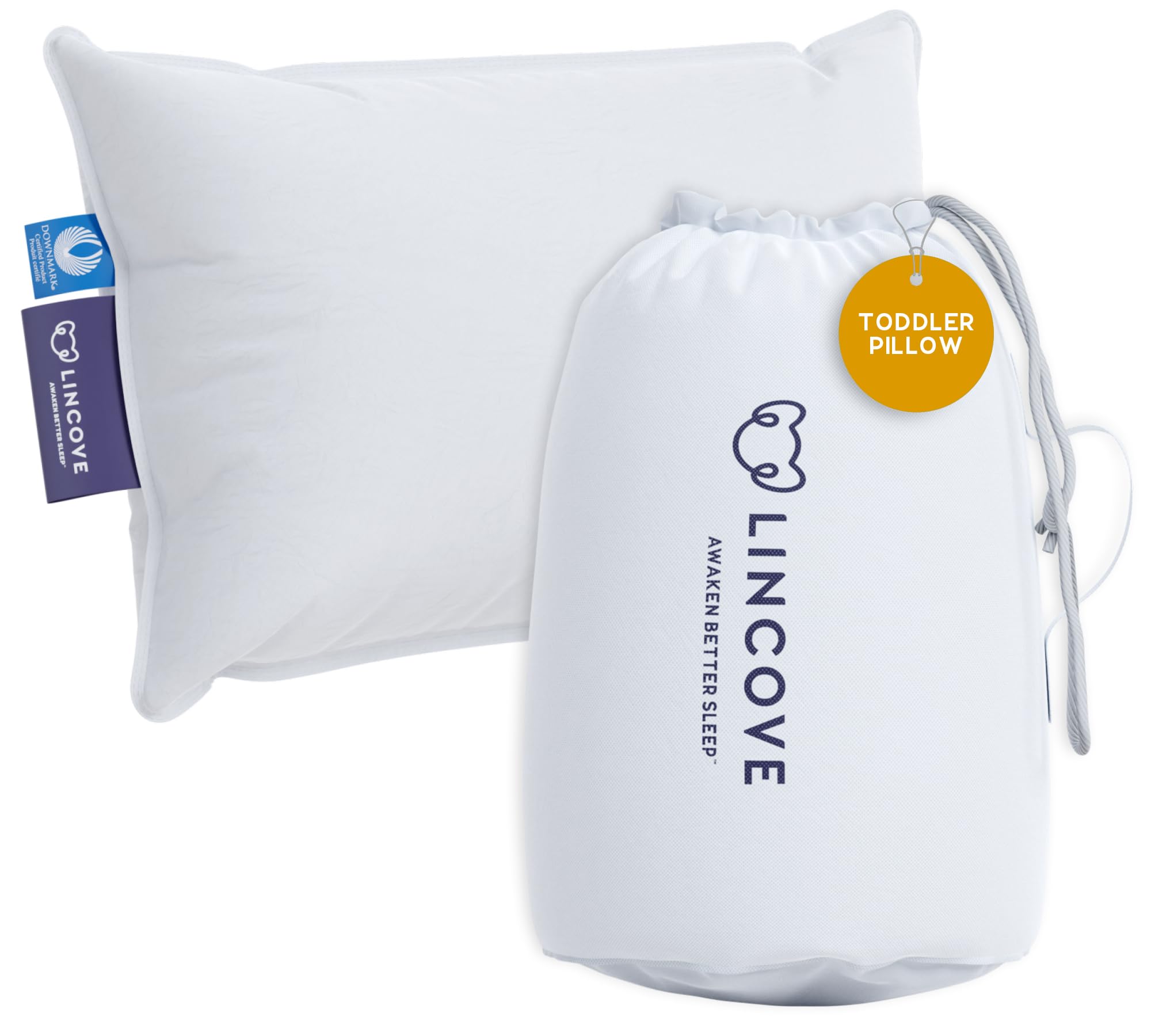 Lincove Canadian down toddler pillow front view shows plush loft for gentle head support.