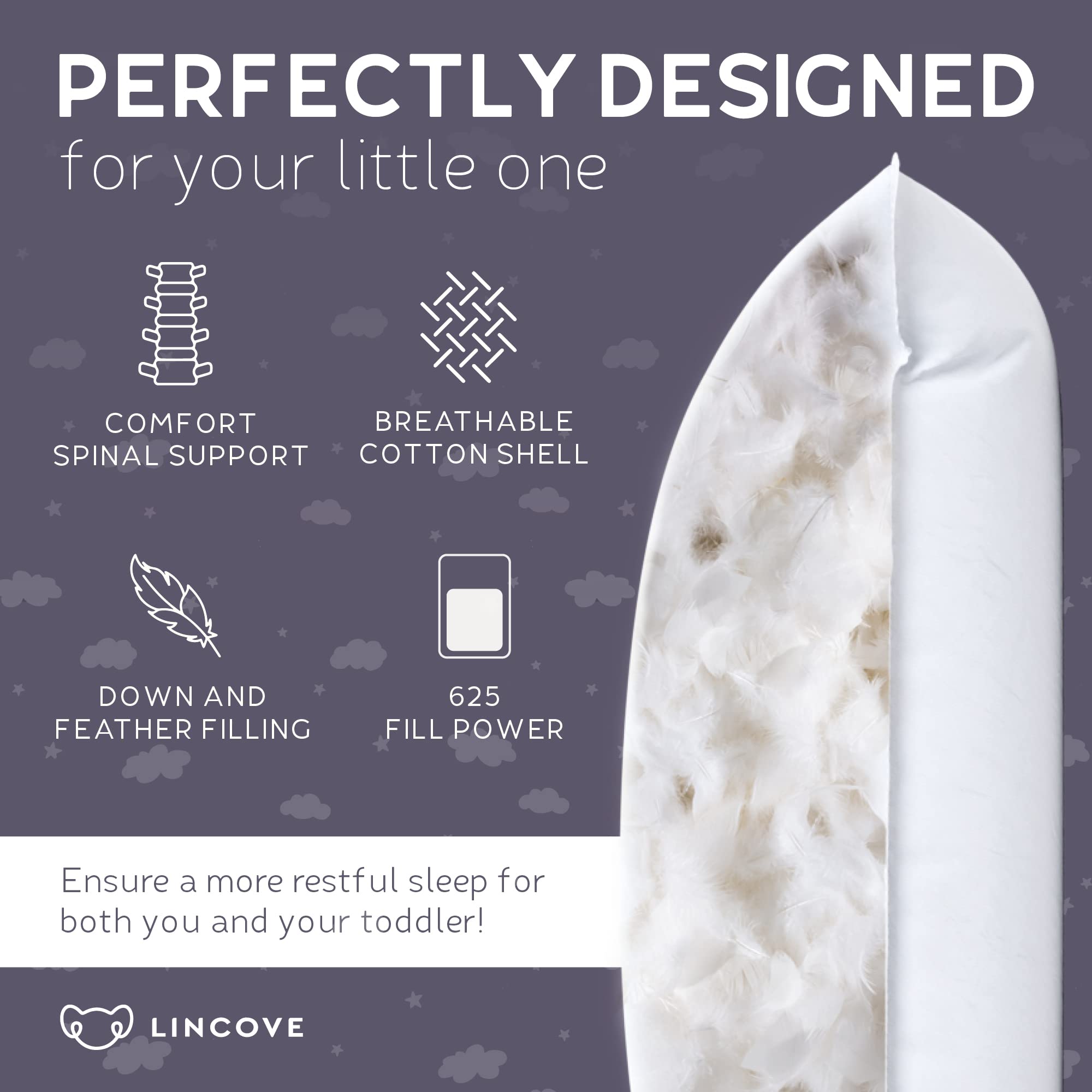 Lincove down pillow side profile highlights balanced neck support for growing children.