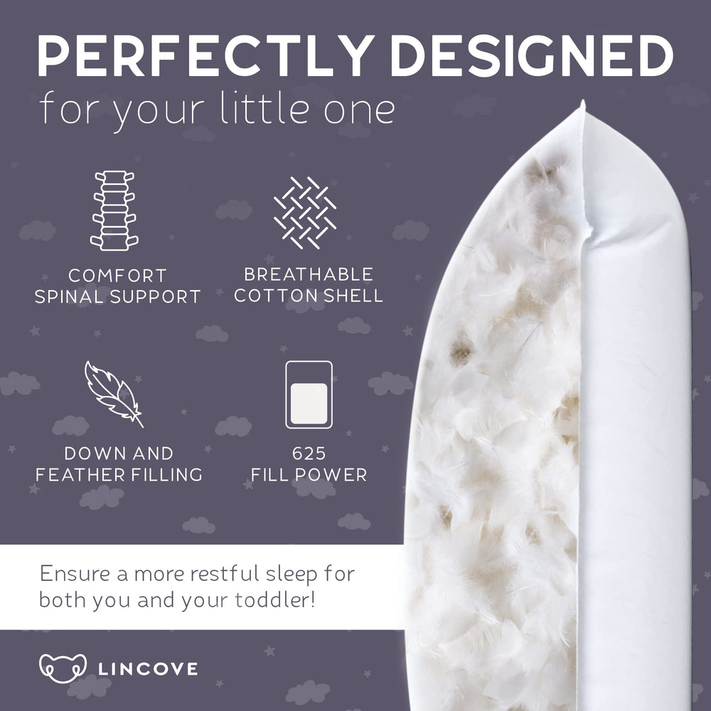 Lincove down pillow side profile highlights balanced neck support for growing children.