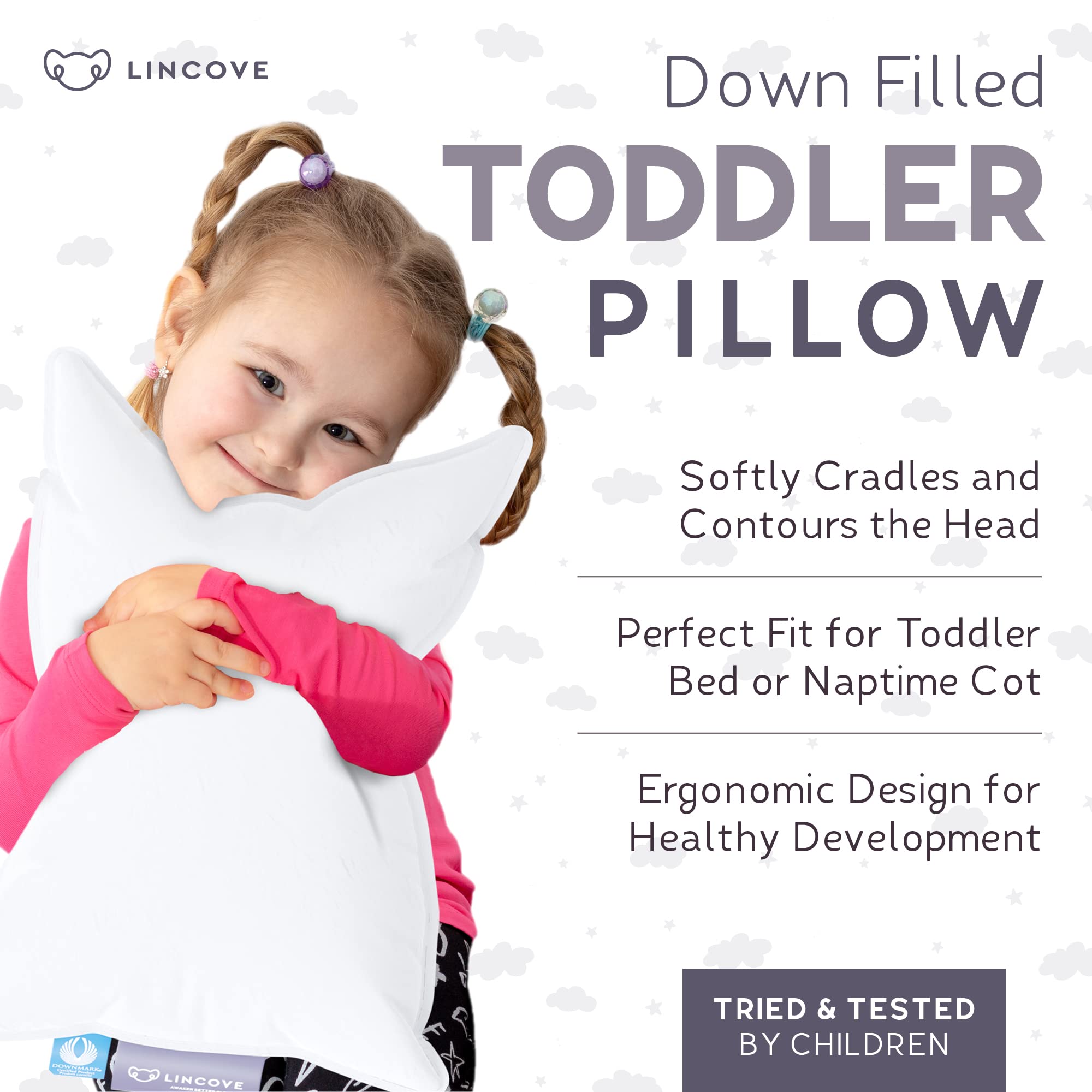 Lincove toddler pillow loft closeup emphasizes luxurious white down and feather feel.