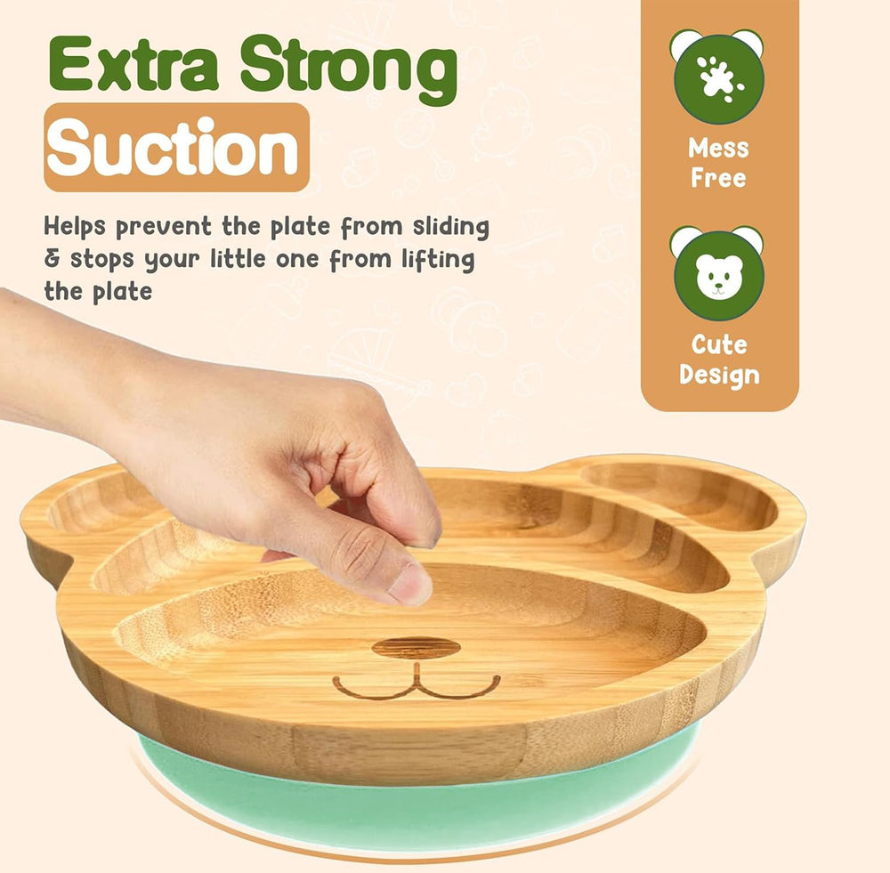 Linda's Essentials bamboo plate four compartments closeup for balanced toddler meals