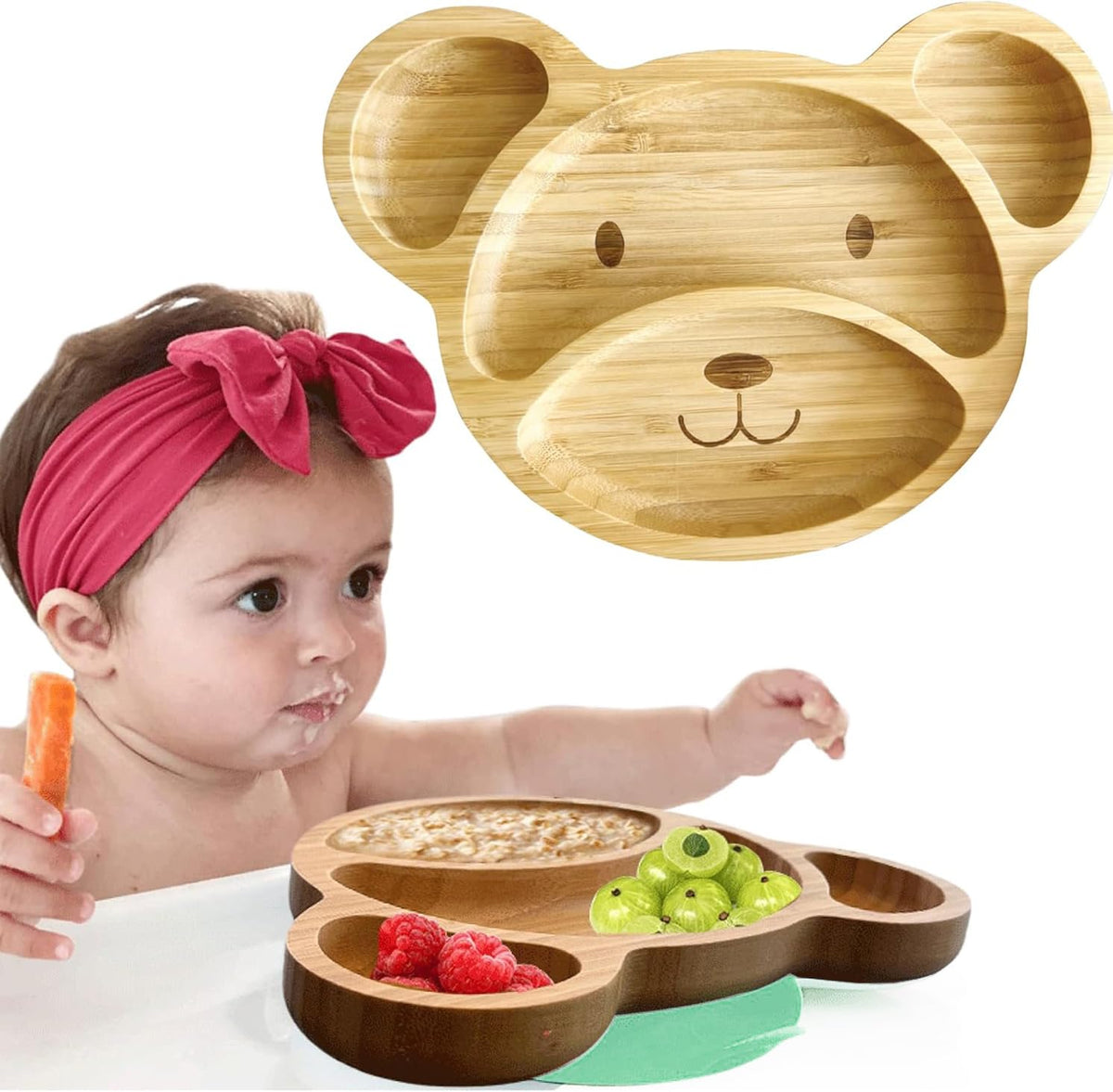Linda's Essentials bamboo plate suction closeup showing secure attachment for mess-free meals