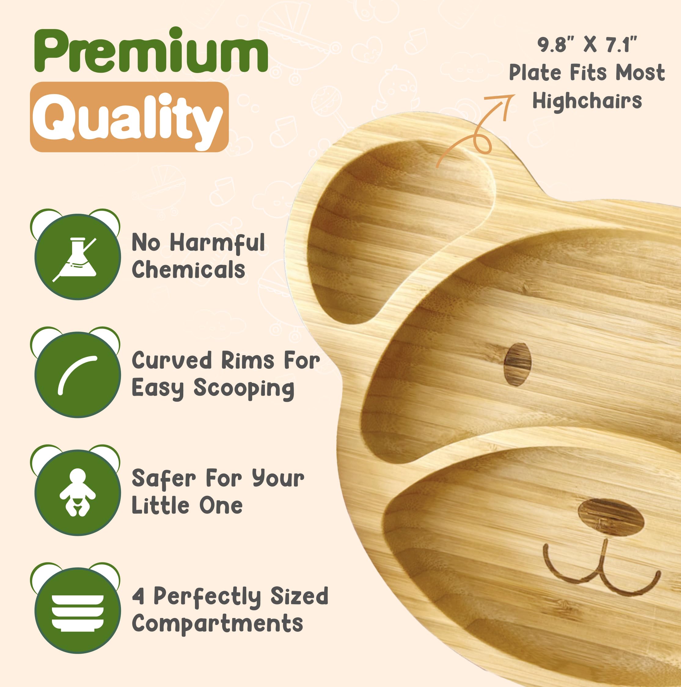 Linda's Essentials bamboo plates for kids curved rims ease scooping and self-feeding.