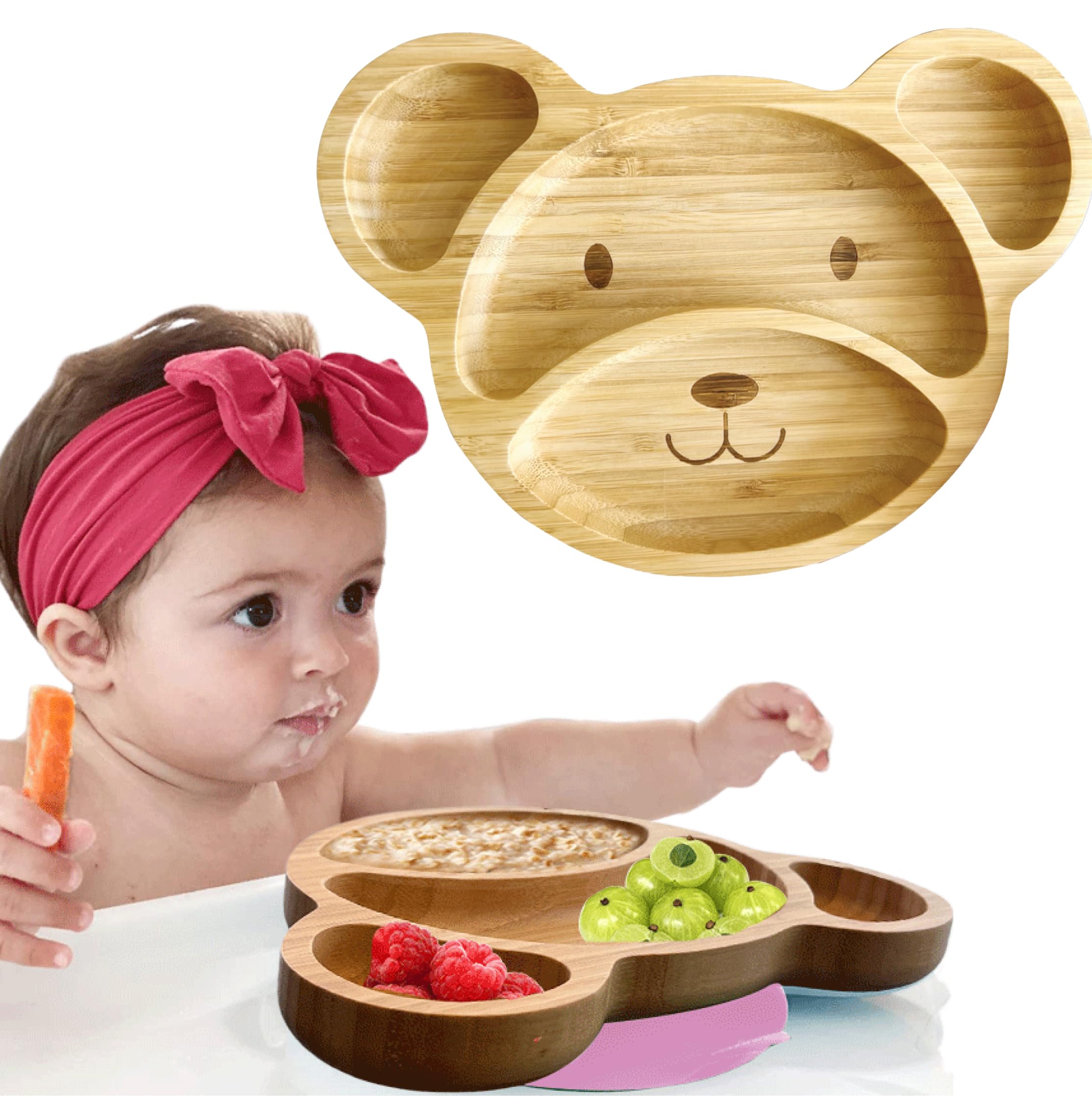 Linda's Essentials bamboo plates for kids suction plate on tray promotes mess-free feeding.