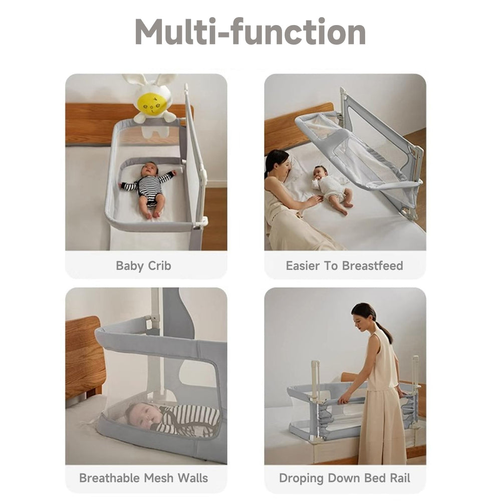 LINKSAW folding bedside crib mesh window demonstrates breathable visibility for baby.