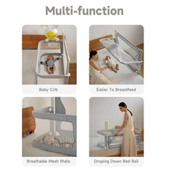 LINKSAW folding bedside crib mesh window demonstrates breathable visibility for baby.