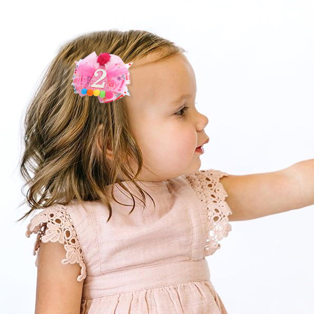 LINLULU Hot Pink 2nd Birthday Hair Bow worn on a child adds festive party photos.