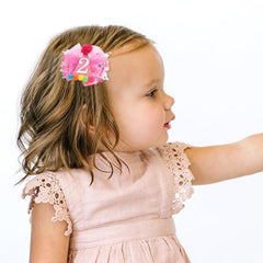 LINLULU Hot Pink 2nd Birthday Hair Bow worn on a child adds festive party photos.