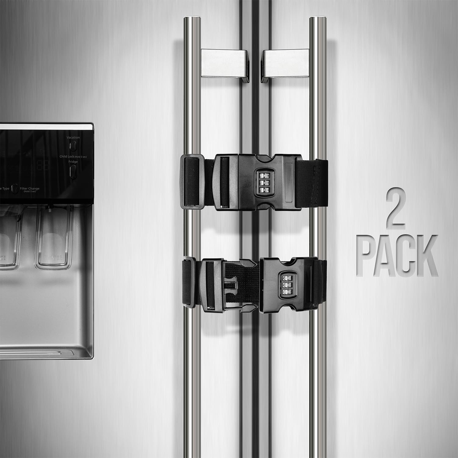 Lion Locks fridge lock on double French doors keeps kids safe during meals.
