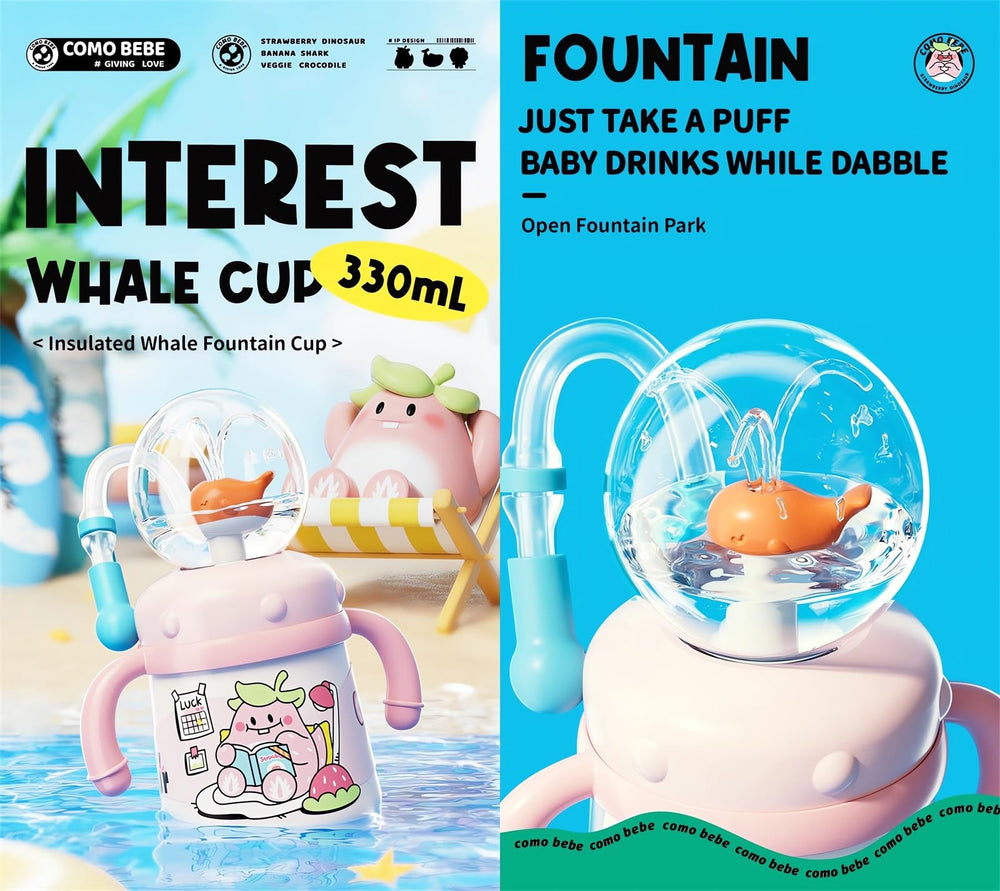 LIONICE whale-squirt design travel mug encourages fun, healthy water drinking.