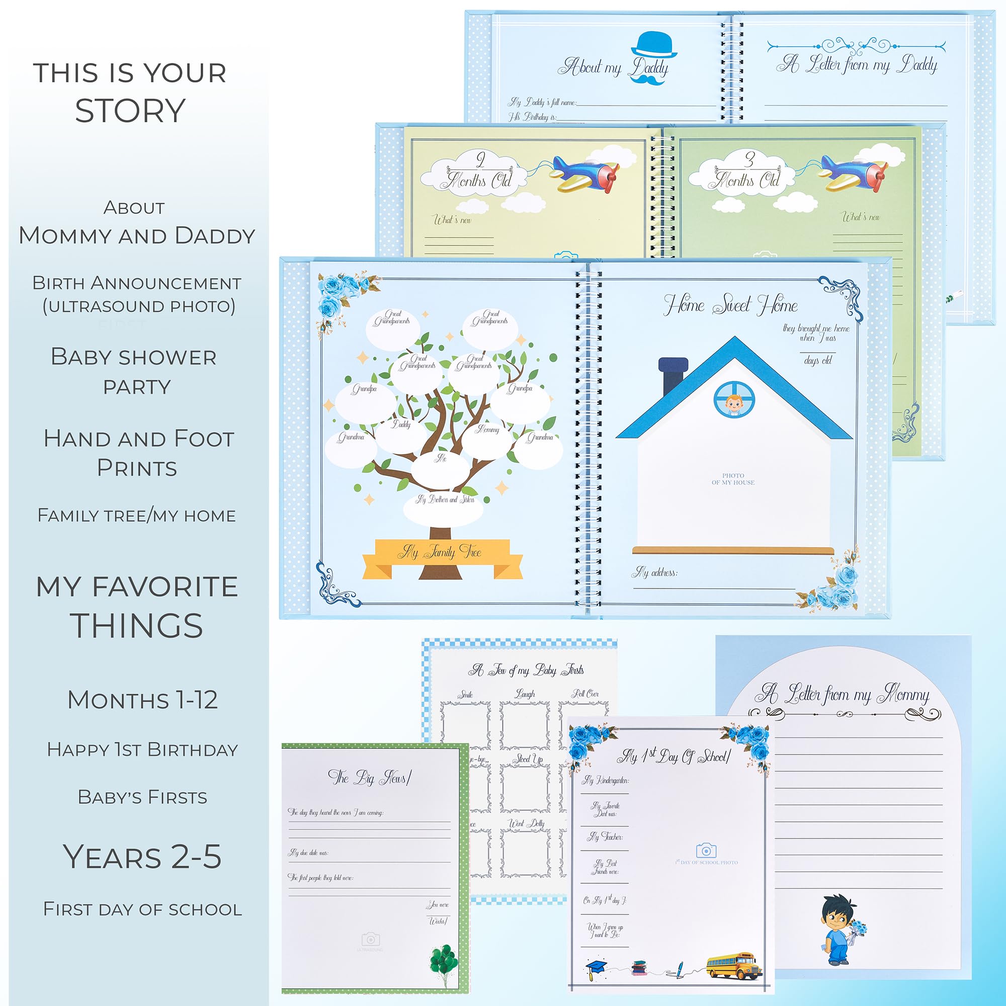 Liplut Baby Book Memory Boy spiral binding keeps pages open for writing and photos